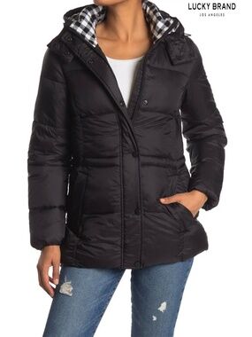 LUCKY BRAND WOMEN NWT MISSY HOODED PUFFER BLACK JACKET. SIZE S